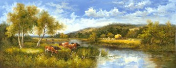 Ganado Vaca Toro Painting - Paisaje De Campo Idílico Paisaje De Tierras De Cultivo Ganado 0 415